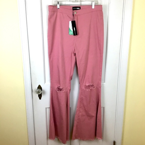 Fashion Nova Pink Flare Jeans Plus size 2X Distressed Extreme Bell Bottom NWT - Picture 2 of 11